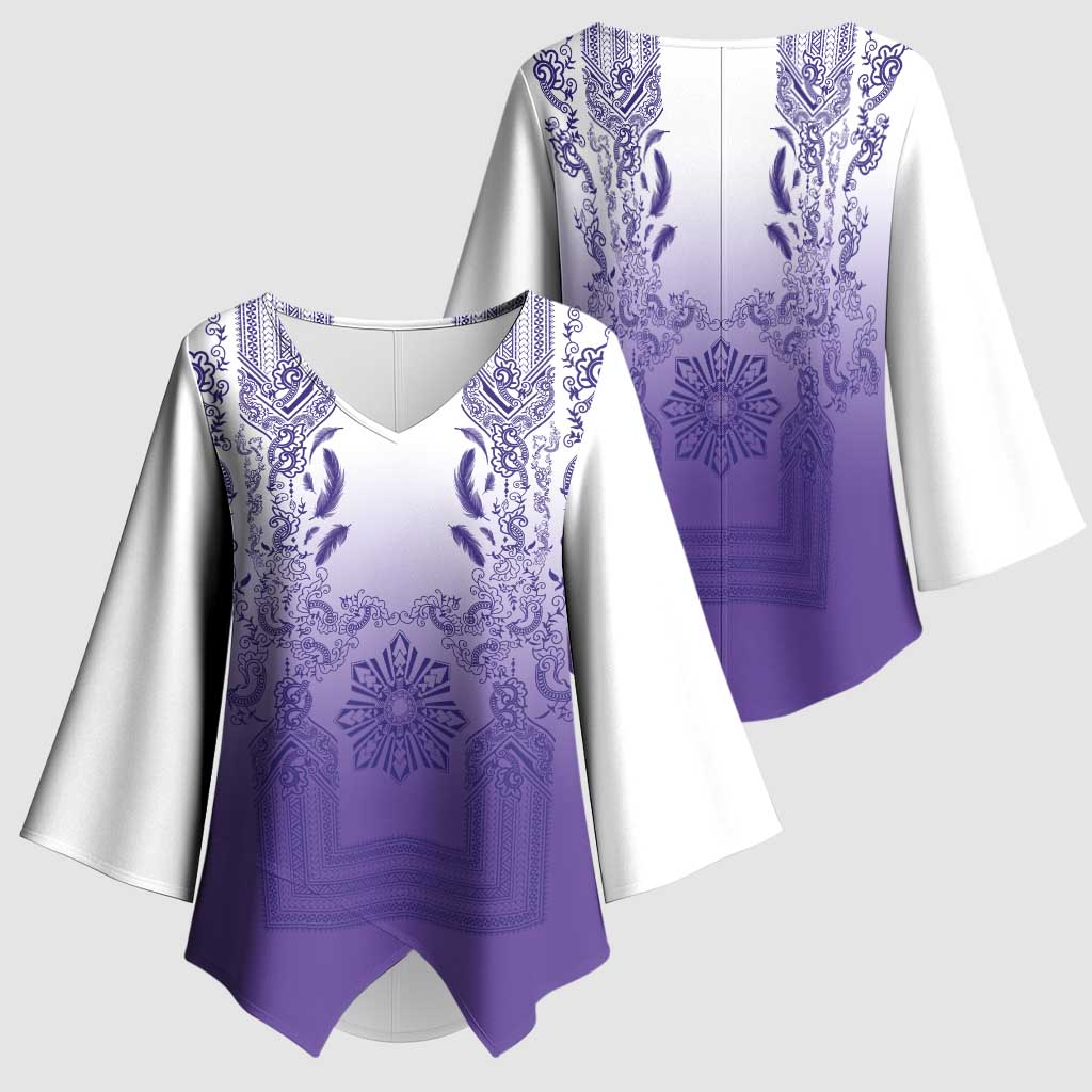 Philippines Barong Style Kimono Sleeve Blouse with Polynesian Art and Leaf Motif Purple Color