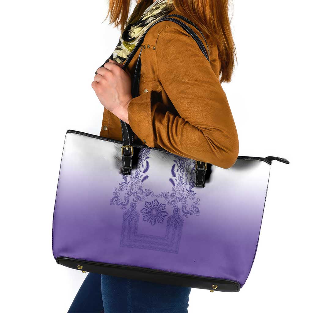 Philippines Barong Style Leather Tote Bag with Polynesian Art and Leaf Motif Purple Color