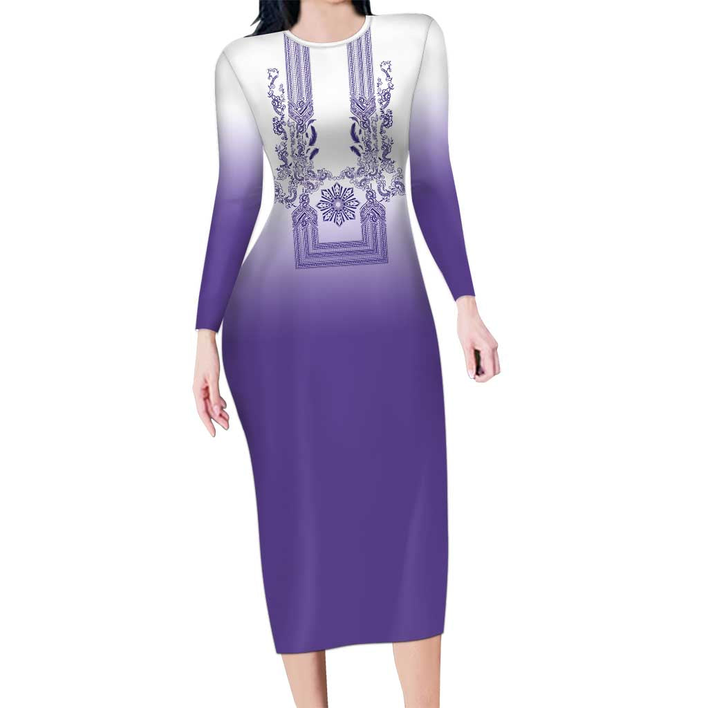 Philippines Barong Style Long Sleeve Bodycon Dress with Polynesian Art and Leaf Motif Purple Color LT03 Long Dress Purple - Polynesian Pride