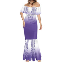 Philippines Barong Style Mermaid Dress with Polynesian Art and Leaf Motif Purple Color LT03 - Polynesian Pride