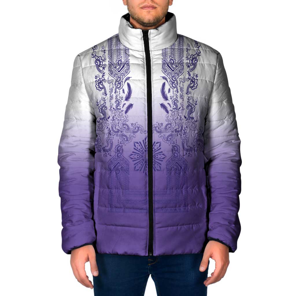 Philippines Barong Style Padded Jacket with Polynesian Art and Leaf Motif Purple Color
