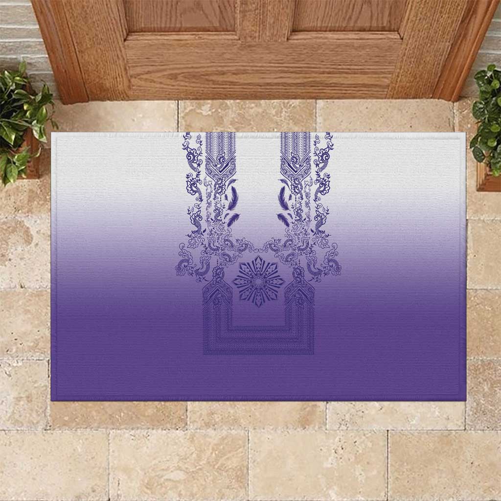 Philippines Barong Style Rubber Doormat with Polynesian Art and Leaf Motif Purple Color