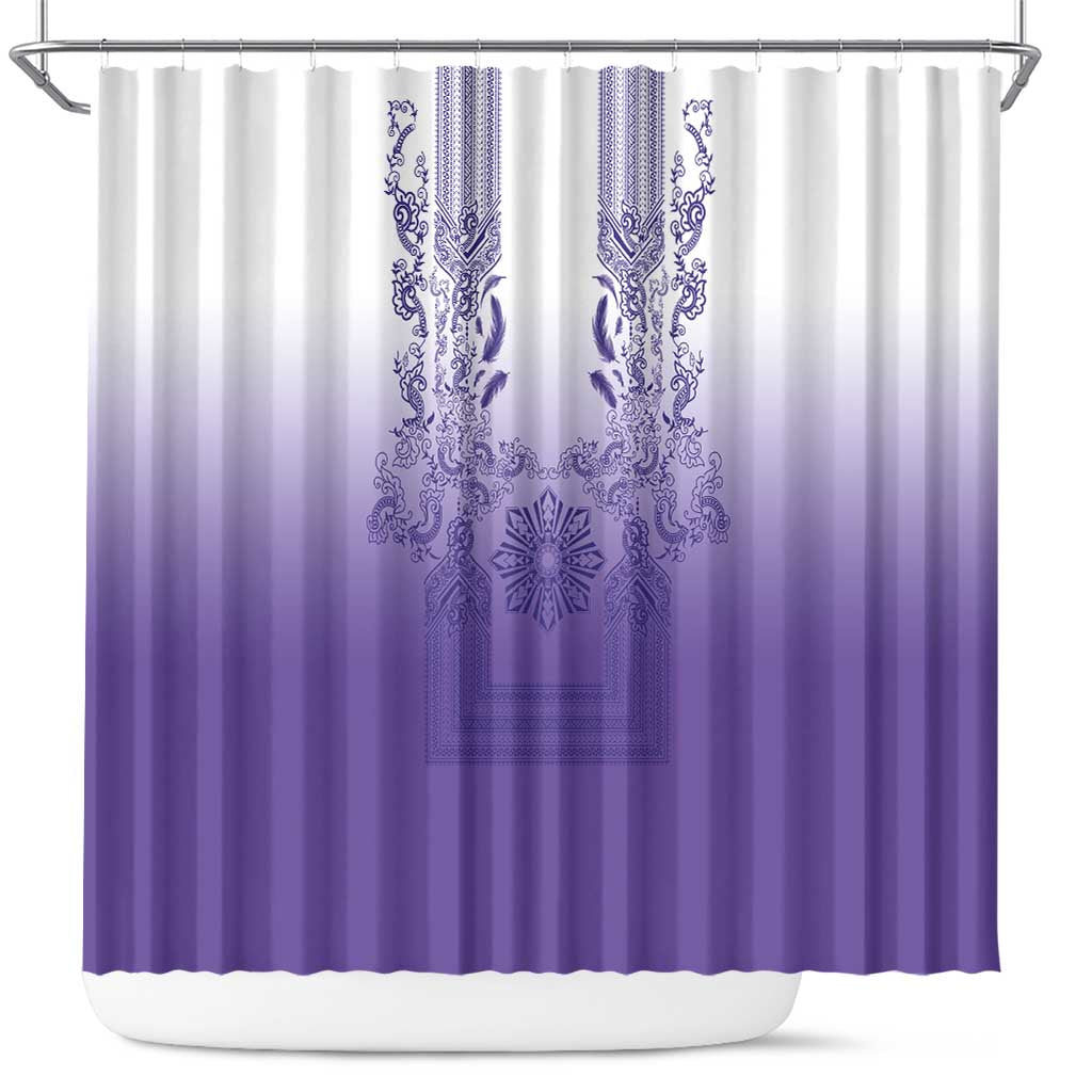 Philippines Barong Style Shower Curtain with Polynesian Art and Leaf Motif Purple Color