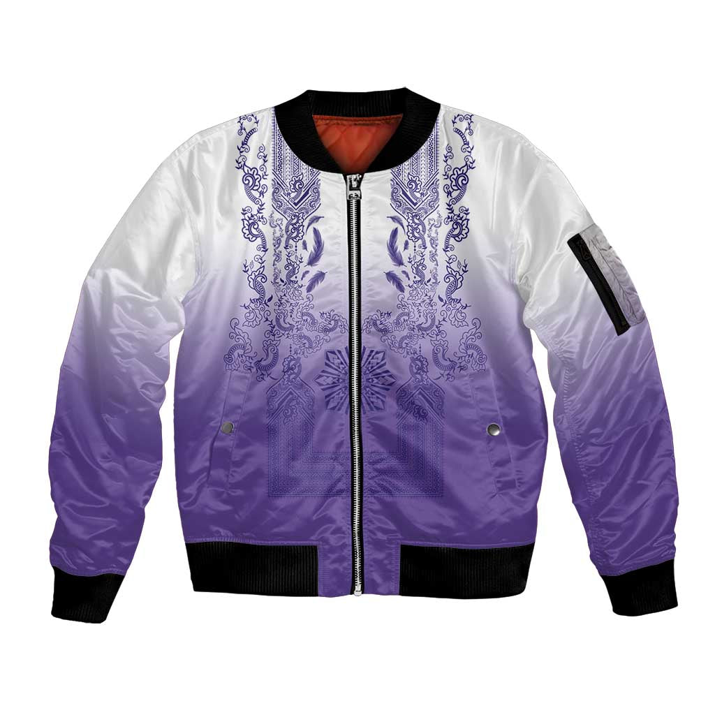 Philippines Barong Style Sleeve Zip Bomber Jacket with Polynesian Art and Leaf Motif Purple Color LT03 Unisex Purple - Polynesian Pride