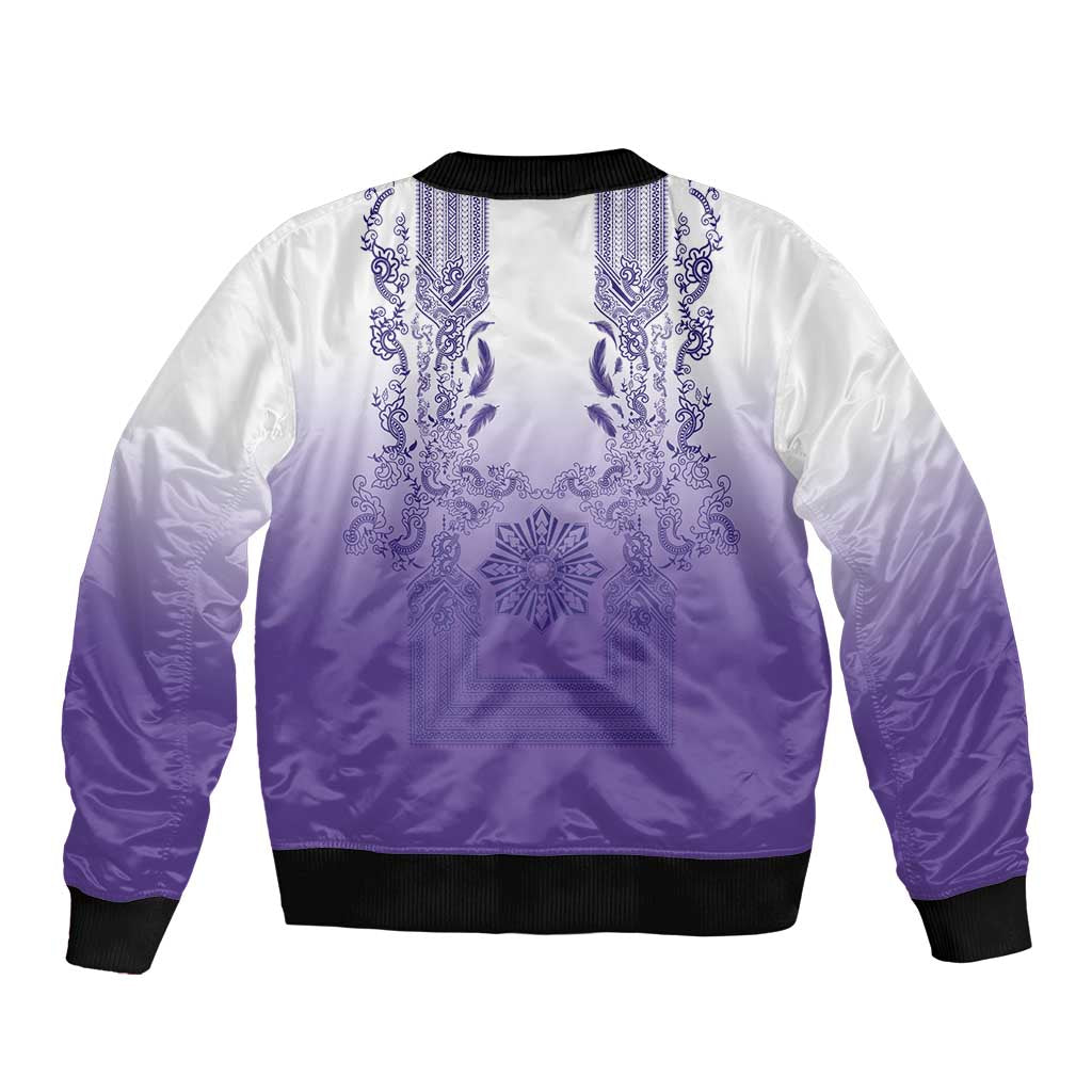Philippines Barong Style Sleeve Zip Bomber Jacket with Polynesian Art and Leaf Motif Purple Color LT03 - Polynesian Pride