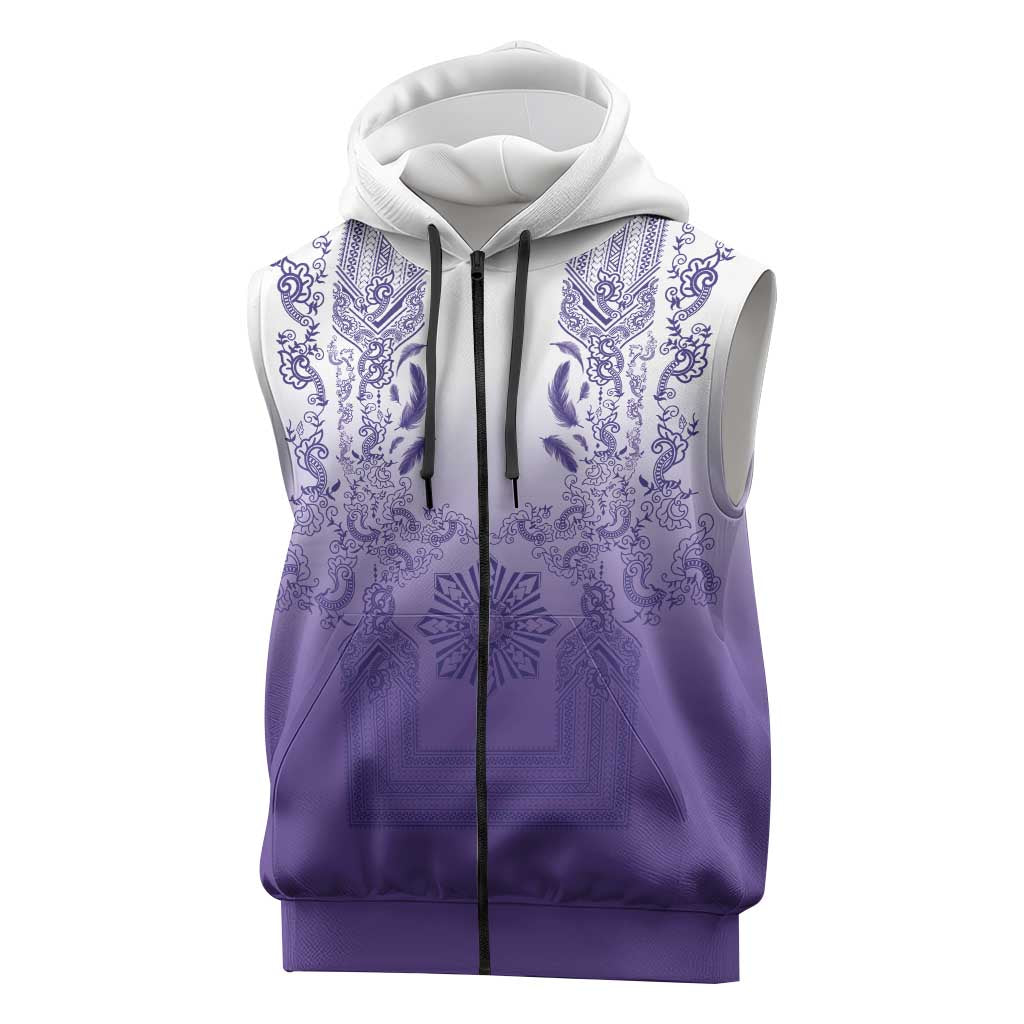Philippines Barong Style Sleeveless Zip Hoodie with Polynesian Art and Leaf Motif Purple Color LT03 Purple - Polynesian Pride
