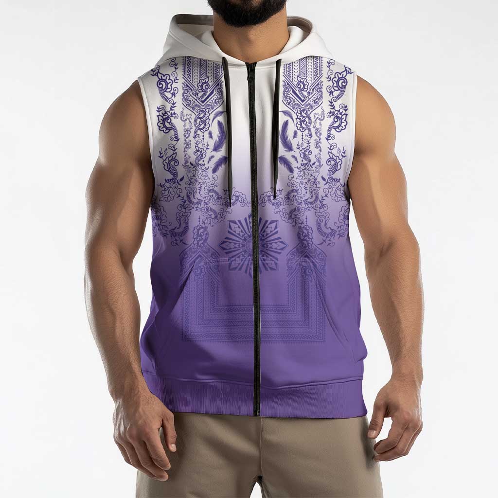 Philippines Barong Style Sleeveless Zip Hoodie with Polynesian Art and Leaf Motif Purple Color LT03 - Polynesian Pride