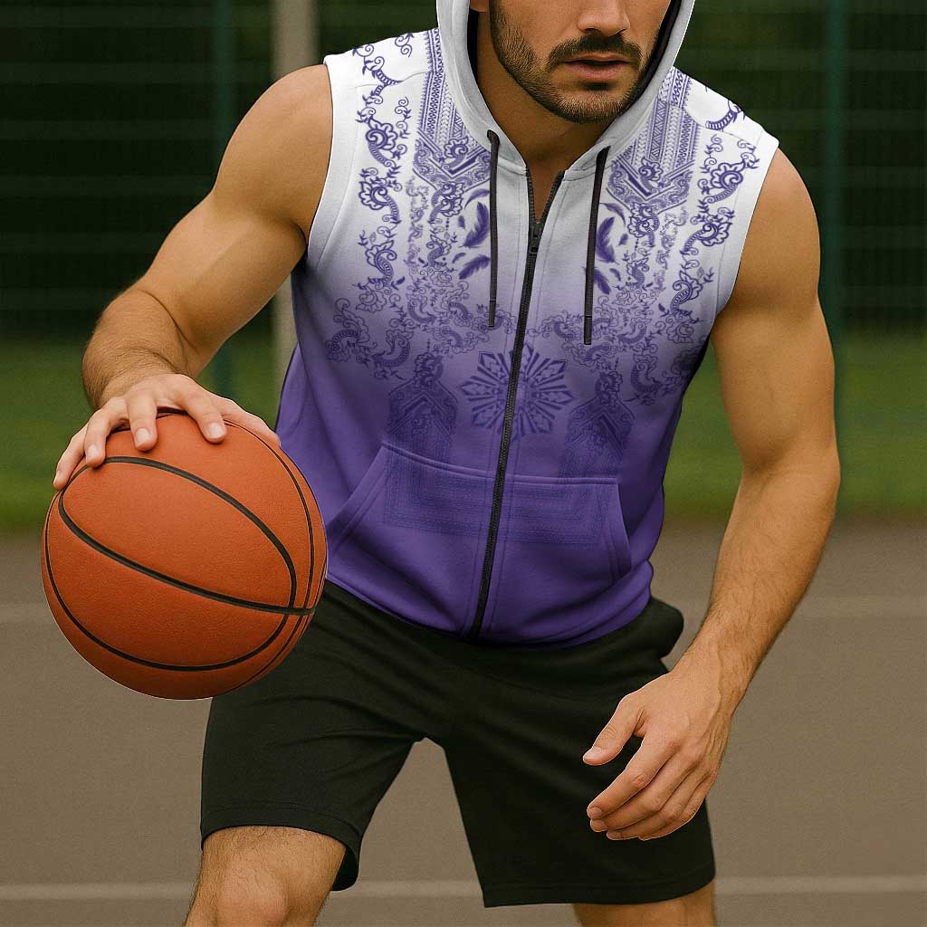 Philippines Barong Style Sleeveless Zip Hoodie with Polynesian Art and Leaf Motif Purple Color LT03 - Polynesian Pride