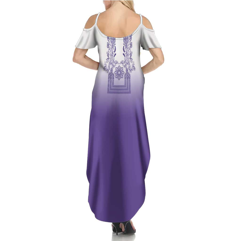 Philippines Barong Style Summer Maxi Dress with Polynesian Art and Leaf Motif Purple Color