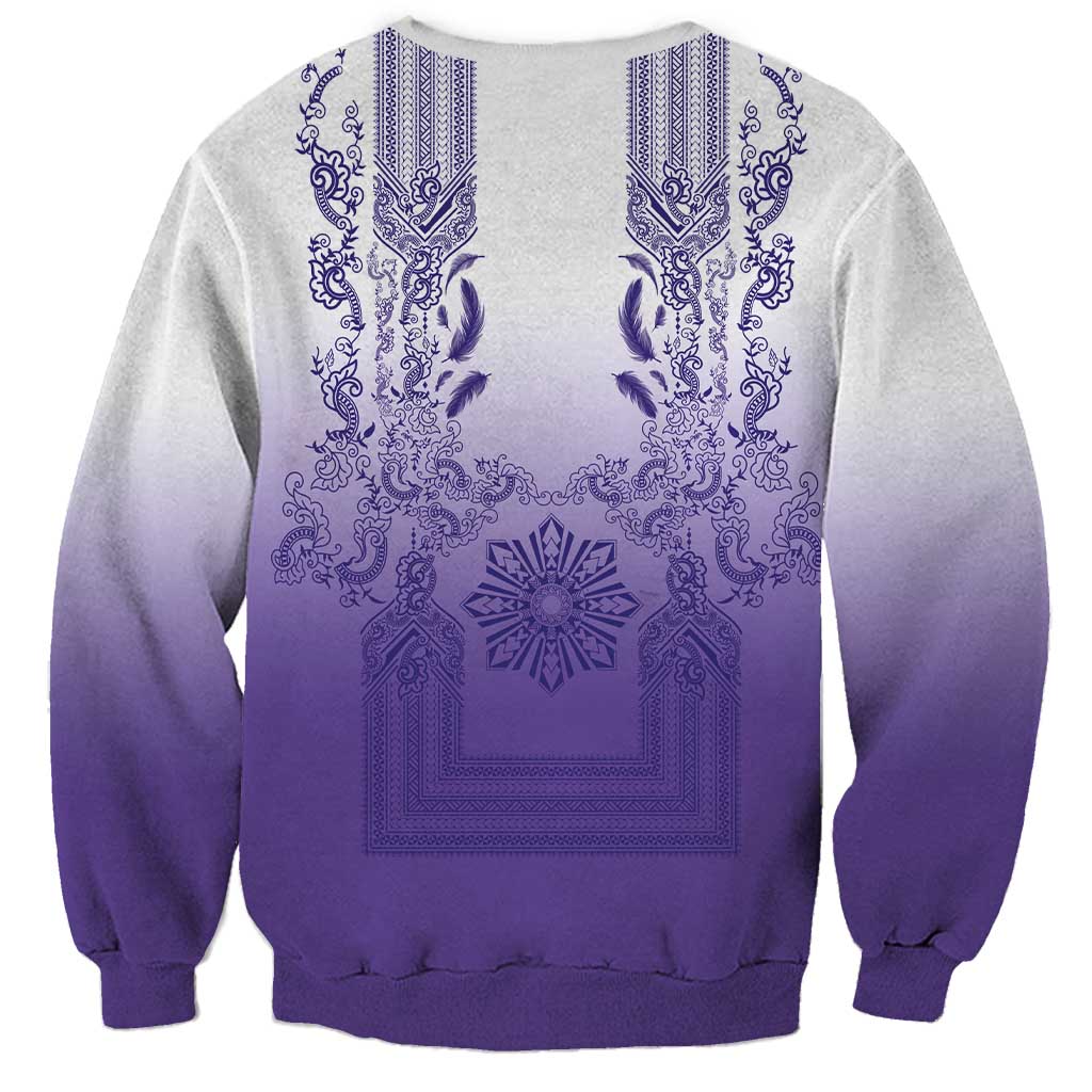 Philippines Barong Style Sweatshirt with Polynesian Art and Leaf Motif Purple Color
