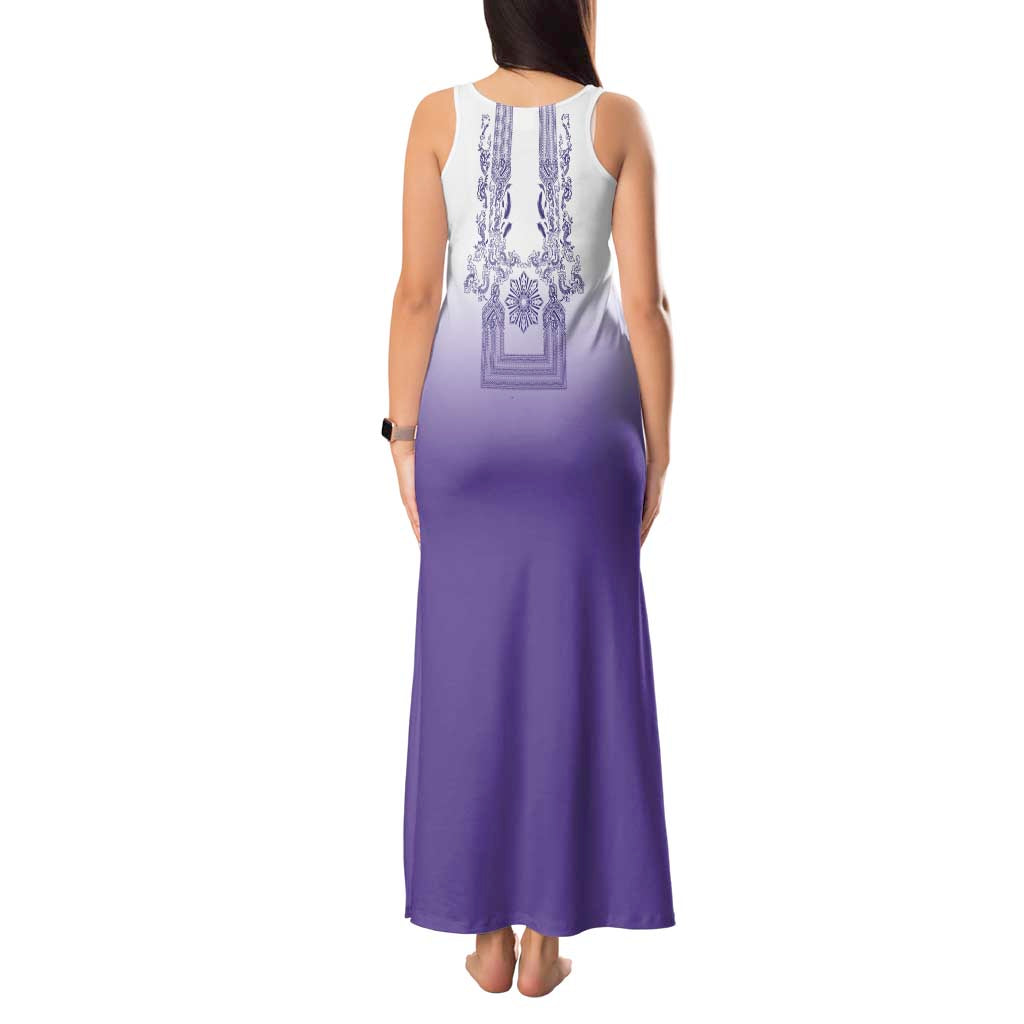 Philippines Barong Style Tank Maxi Dress with Polynesian Art and Leaf Motif Purple Color