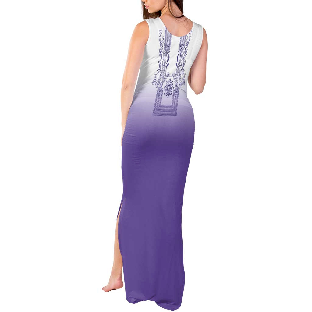 Philippines Barong Style Tank Maxi Dress with Polynesian Art and Leaf Motif Purple Color