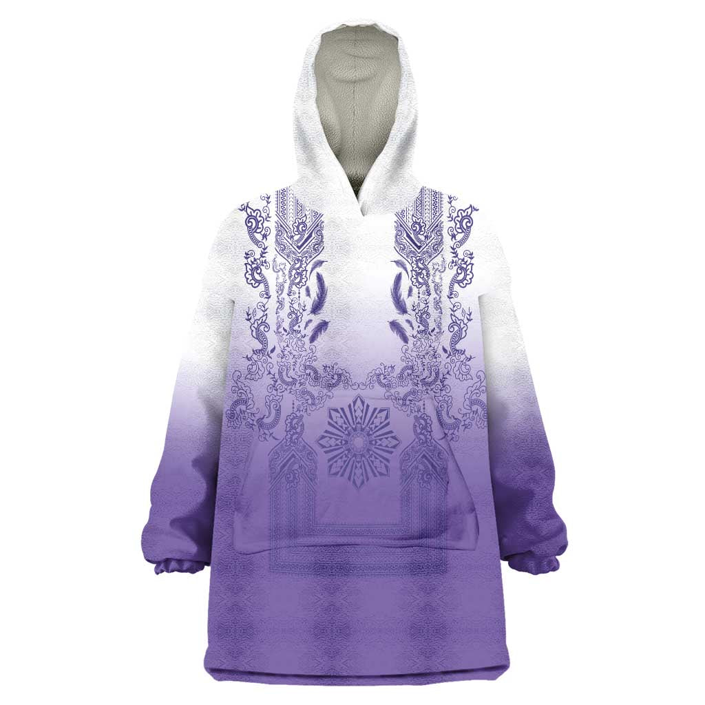 Philippines Barong Style Wearable Blanket Hoodie with Polynesian Art and Leaf Motif Purple Color