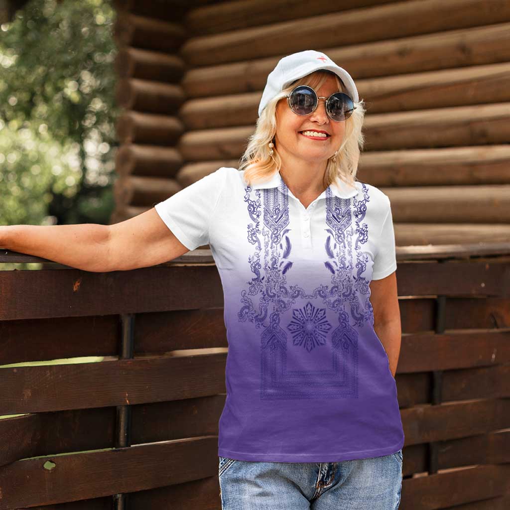 Philippines Barong Style Women Polo Shirt with Polynesian Art and Leaf Motif Purple Color LT03 - Polynesian Pride
