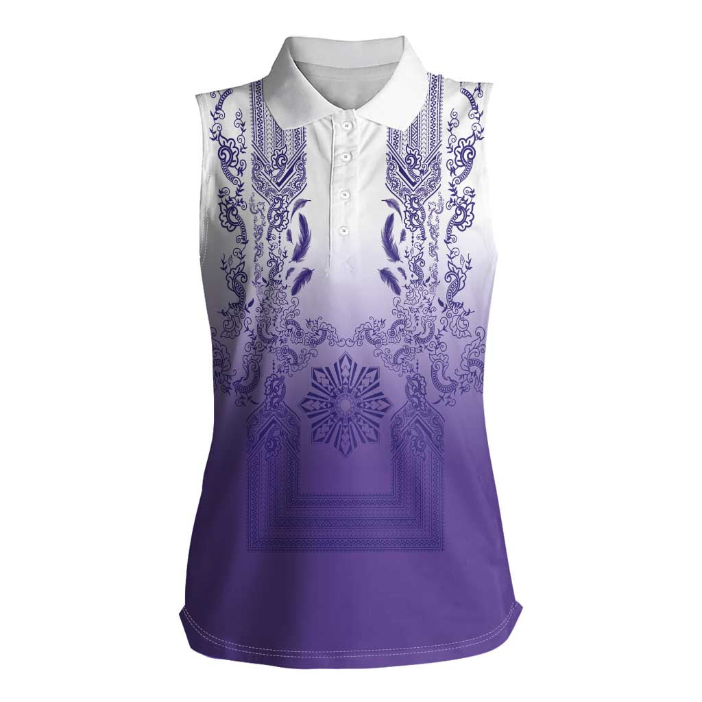 Philippines Barong Style Women Sleeveless Polo Shirt with Polynesian Art and Leaf Motif Purple Color LT03 Female Purple - Polynesian Pride