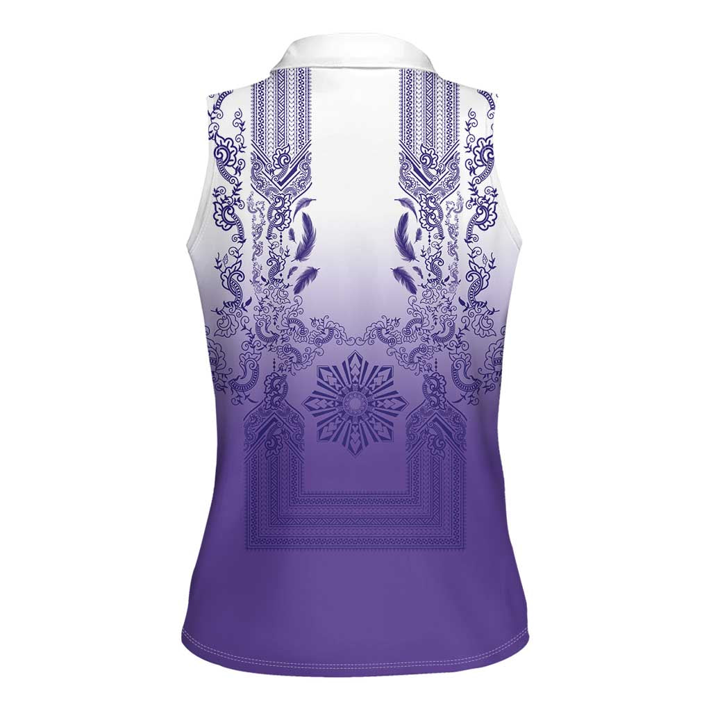 Philippines Barong Style Women Sleeveless Polo Shirt with Polynesian Art and Leaf Motif Purple Color LT03 - Polynesian Pride