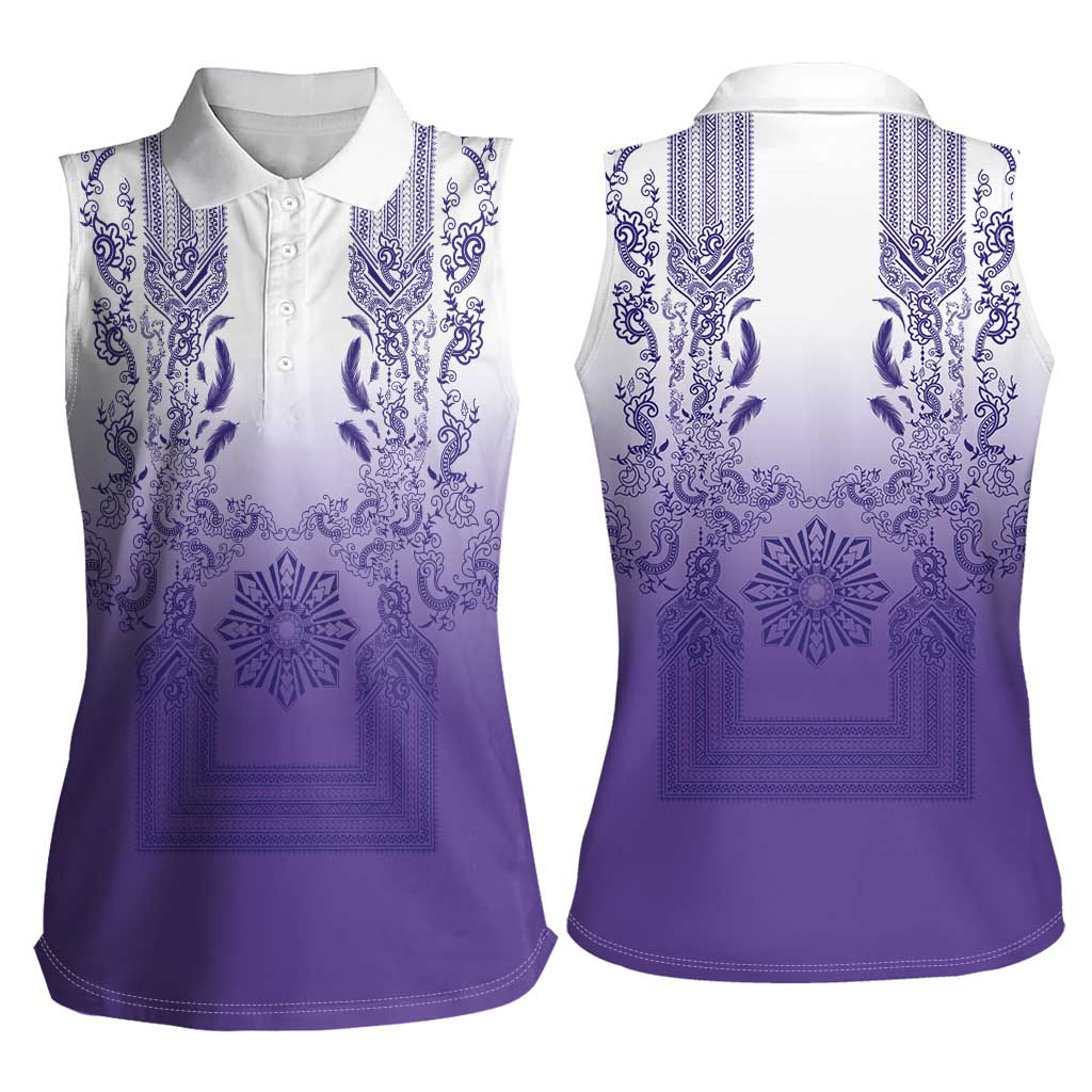 Philippines Barong Style Women Sleeveless Polo Shirt with Polynesian Art and Leaf Motif Purple Color LT03 - Polynesian Pride