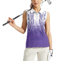 Philippines Barong Style Women Sleeveless Polo Shirt with Polynesian Art and Leaf Motif Purple Color LT03 - Polynesian Pride