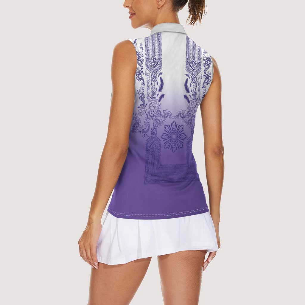 Philippines Barong Style Women Sleeveless Polo Shirt with Polynesian Art and Leaf Motif Purple Color LT03 - Polynesian Pride