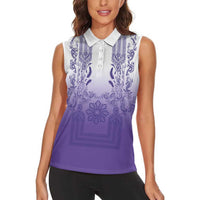 Philippines Barong Style Women Sleeveless Polo Shirt with Polynesian Art and Leaf Motif Purple Color LT03 - Polynesian Pride