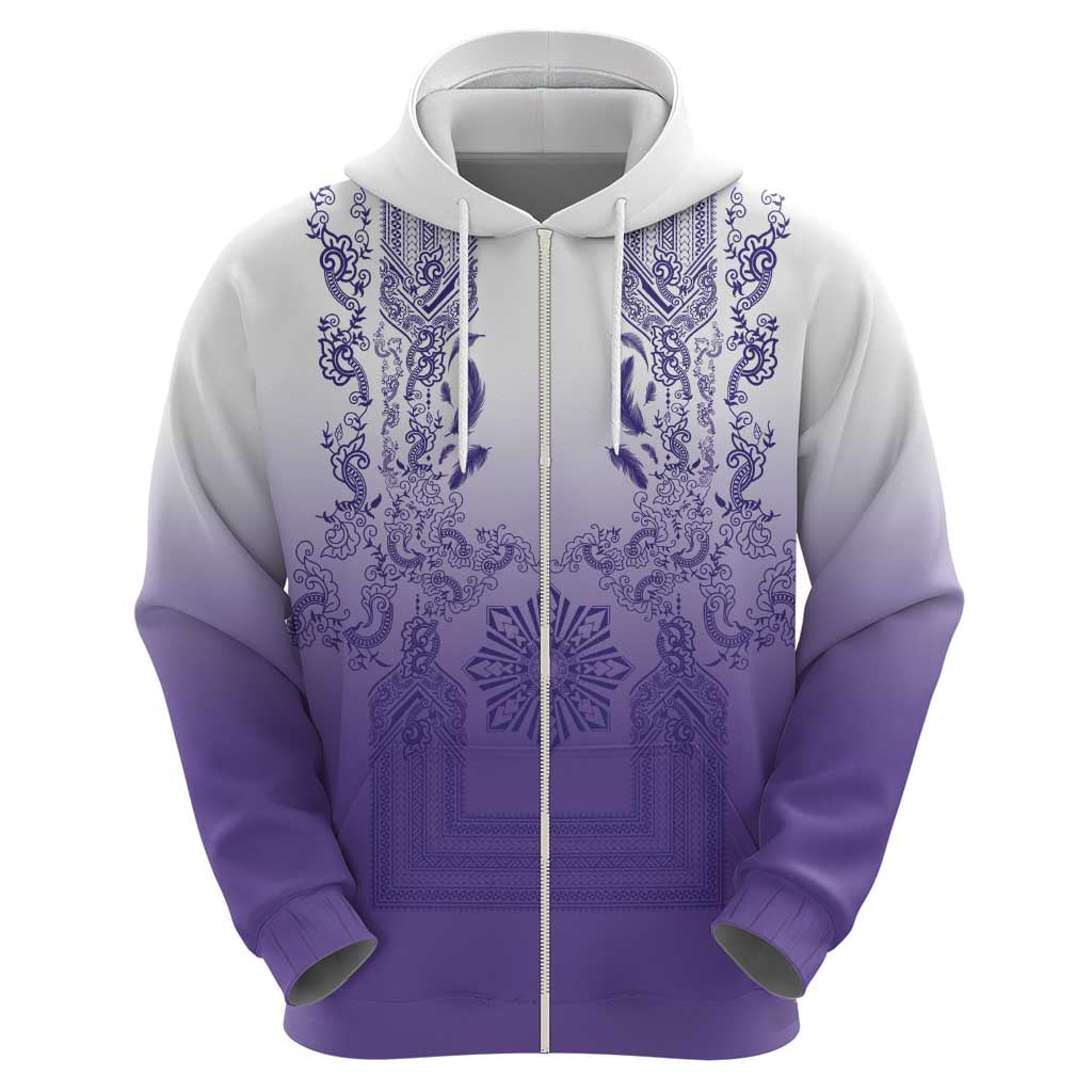 Philippines Barong Style Zip Hoodie with Polynesian Art and Leaf Motif Purple Color