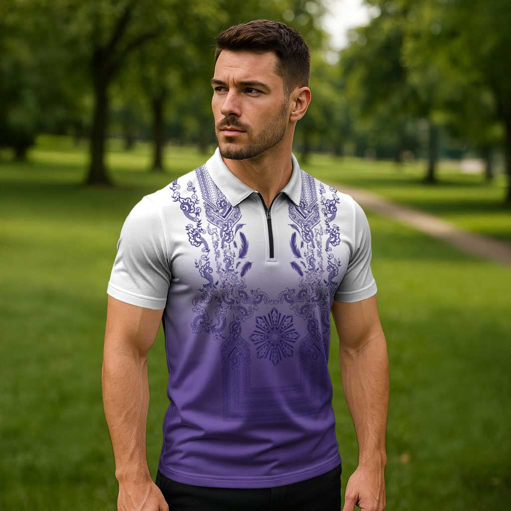 Philippines Barong Style Zipper Polo Shirt with Polynesian Art and Leaf Motif Purple Color LT03 - Polynesian Pride