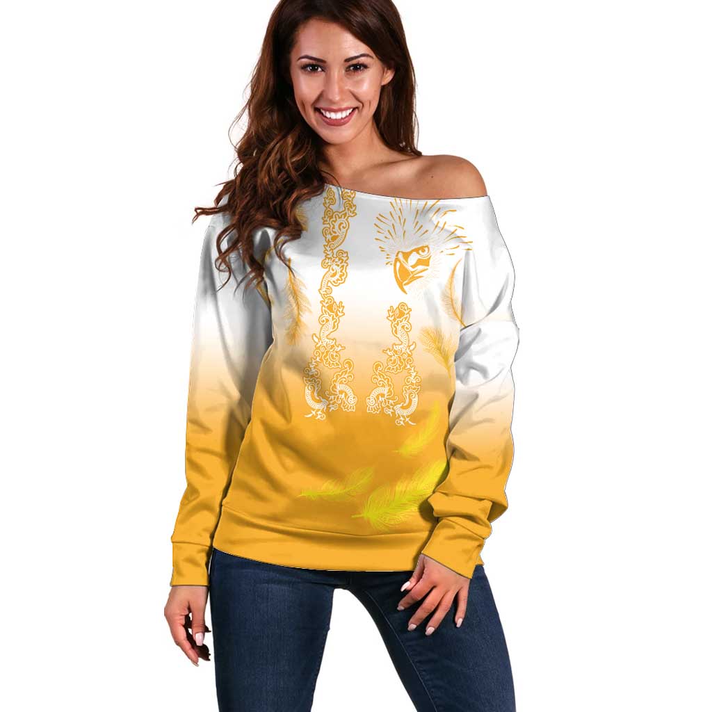Philippines National Costume Style Off Shoulder Sweater Barong Tagalog and Eagle Feather Yellow Color
