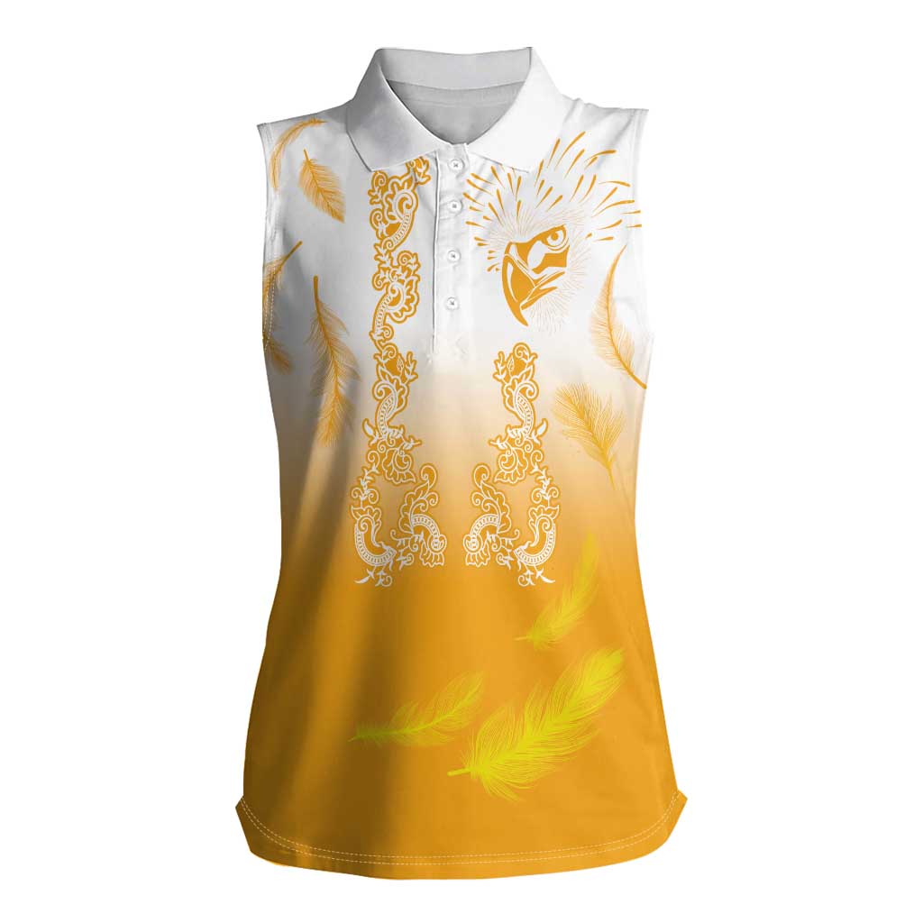Philippines National Costume Style Women Sleeveless Polo Shirt Barong Tagalog and Eagle Feather Yellow Color