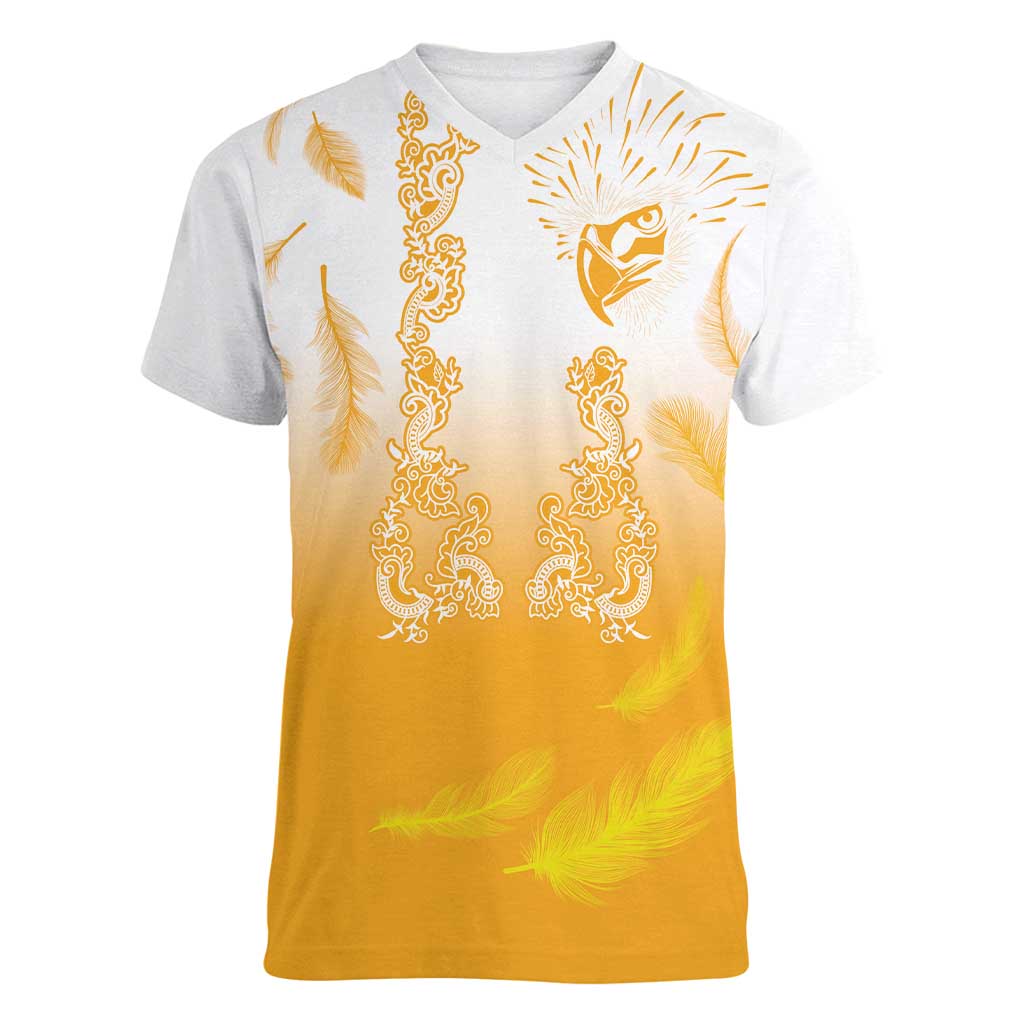 Philippines National Costume Style Women V-Neck T-Shirt Barong Tagalog and Eagle Feather Yellow Color
