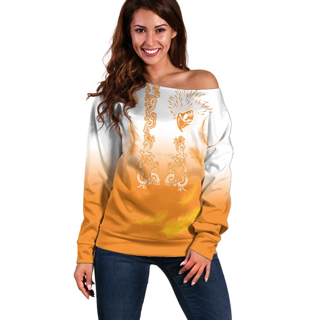Philippines National Costume Style Off Shoulder Sweater Barong Tagalog and Eagle Feather Orange Color