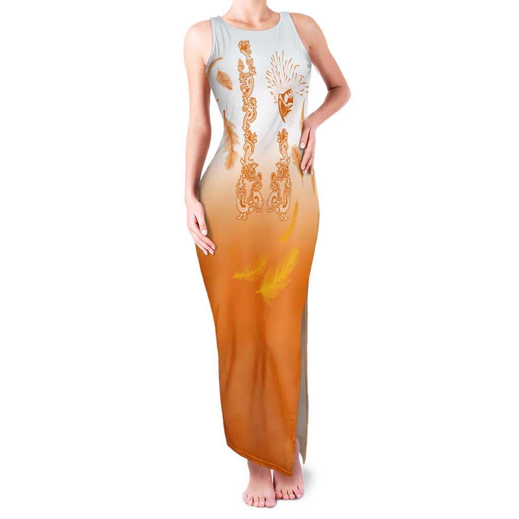 Philippines National Costume Style Tank Maxi Dress Barong Tagalog and Eagle Feather Orange Color