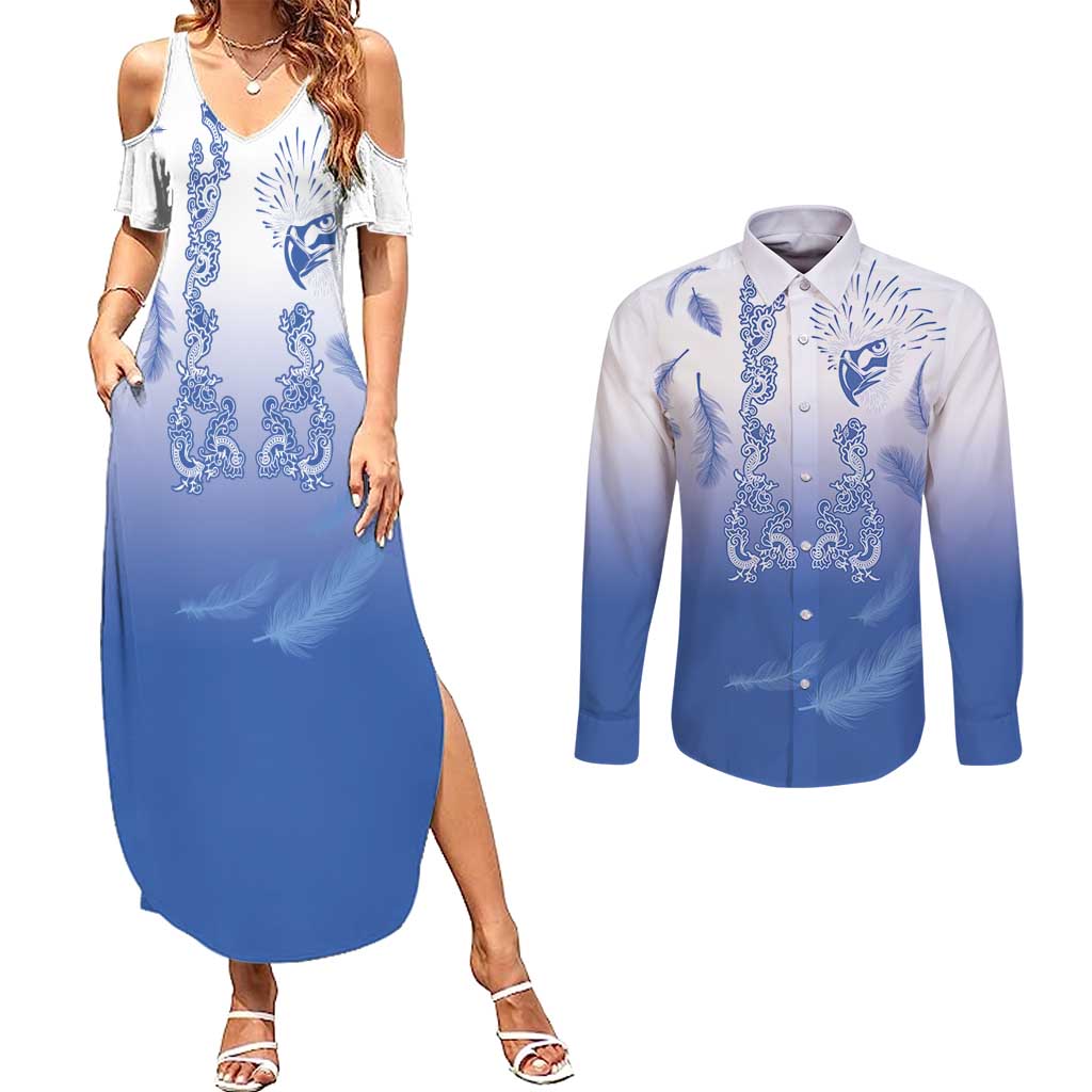 Philippines National Costume Style Couples Matching Summer Maxi Dress and Long Sleeve Button Shirt Barong Tagalog and Eagle Feather Blue Color