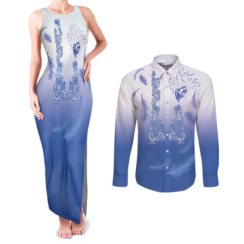 Philippines National Costume Style Couples Matching Tank Maxi Dress and Long Sleeve Button Shirt Barong Tagalog and Eagle Feather Blue Color
