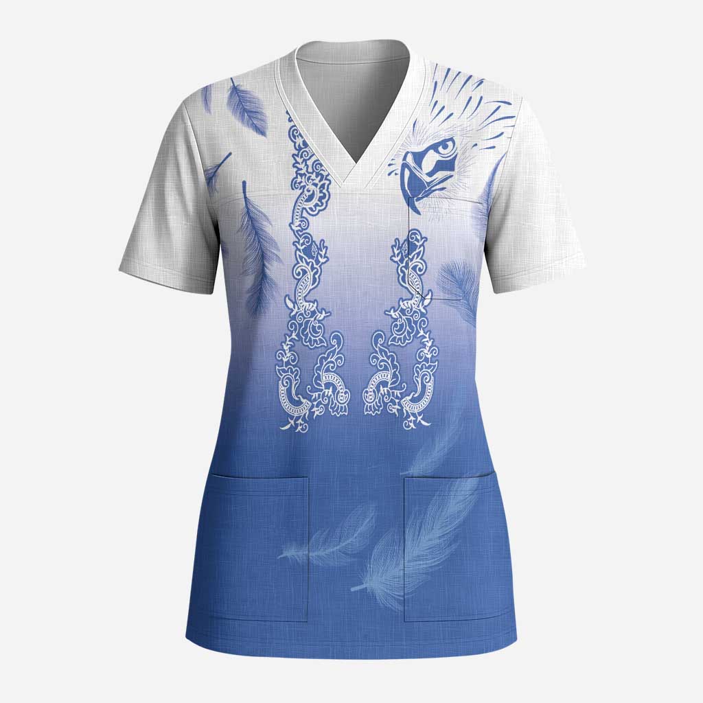 Philippines National Costume Style Scrub Top Barong Tagalog and Eagle Feather Blue Color - Polynesian Pride