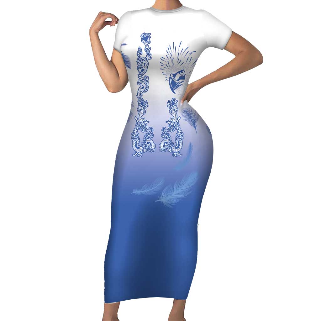Philippines National Costume Style Short Sleeve Bodycon Dress Barong Tagalog and Eagle Feather Blue Color