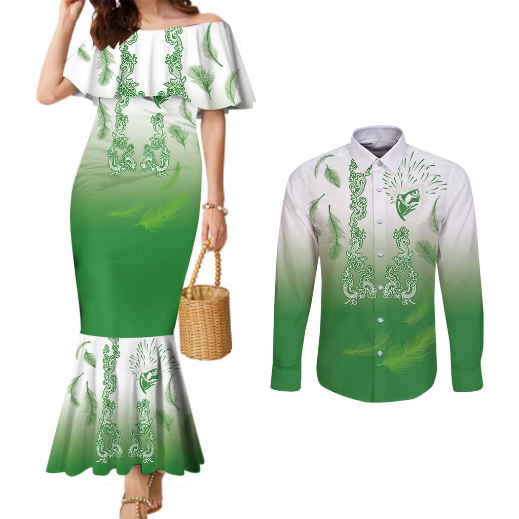 Philippines National Costume Style Couples Matching Mermaid Dress and Long Sleeve Button Shirt Barong Tagalog and Eagle Feather Green Color