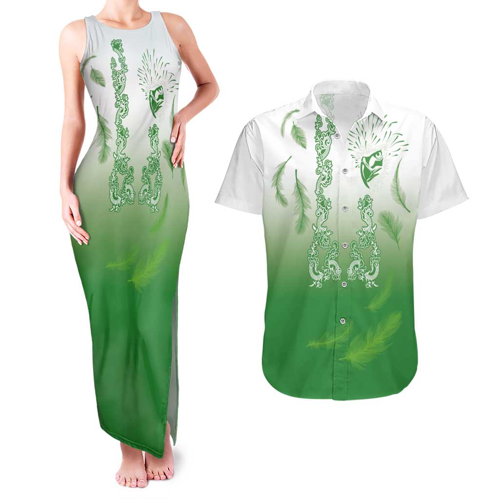 Philippines National Costume Style Couples Matching Tank Maxi Dress and Hawaiian Shirt Barong Tagalog and Eagle Feather Green Color