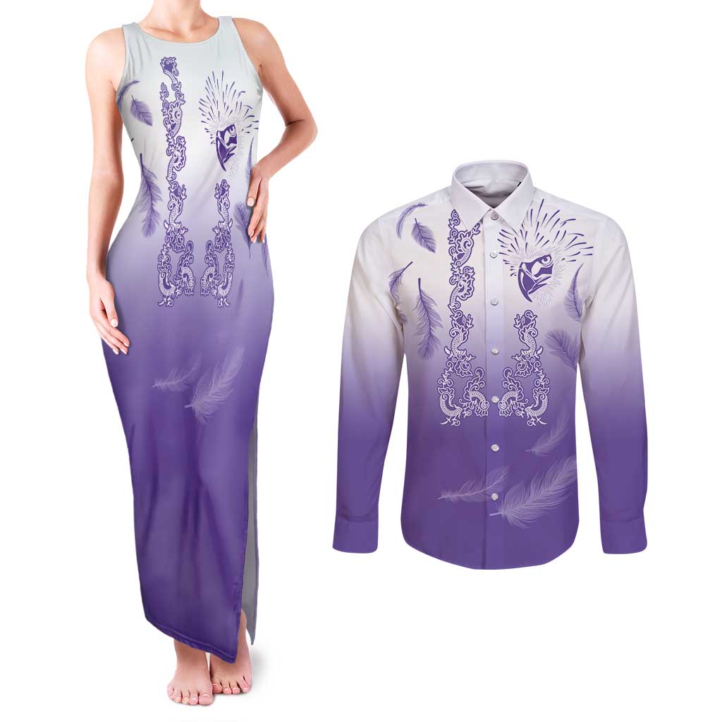 Philippines National Costume Style Couples Matching Tank Maxi Dress and Long Sleeve Button Shirt Barong Tagalog and Eagle Feather Purple Color
