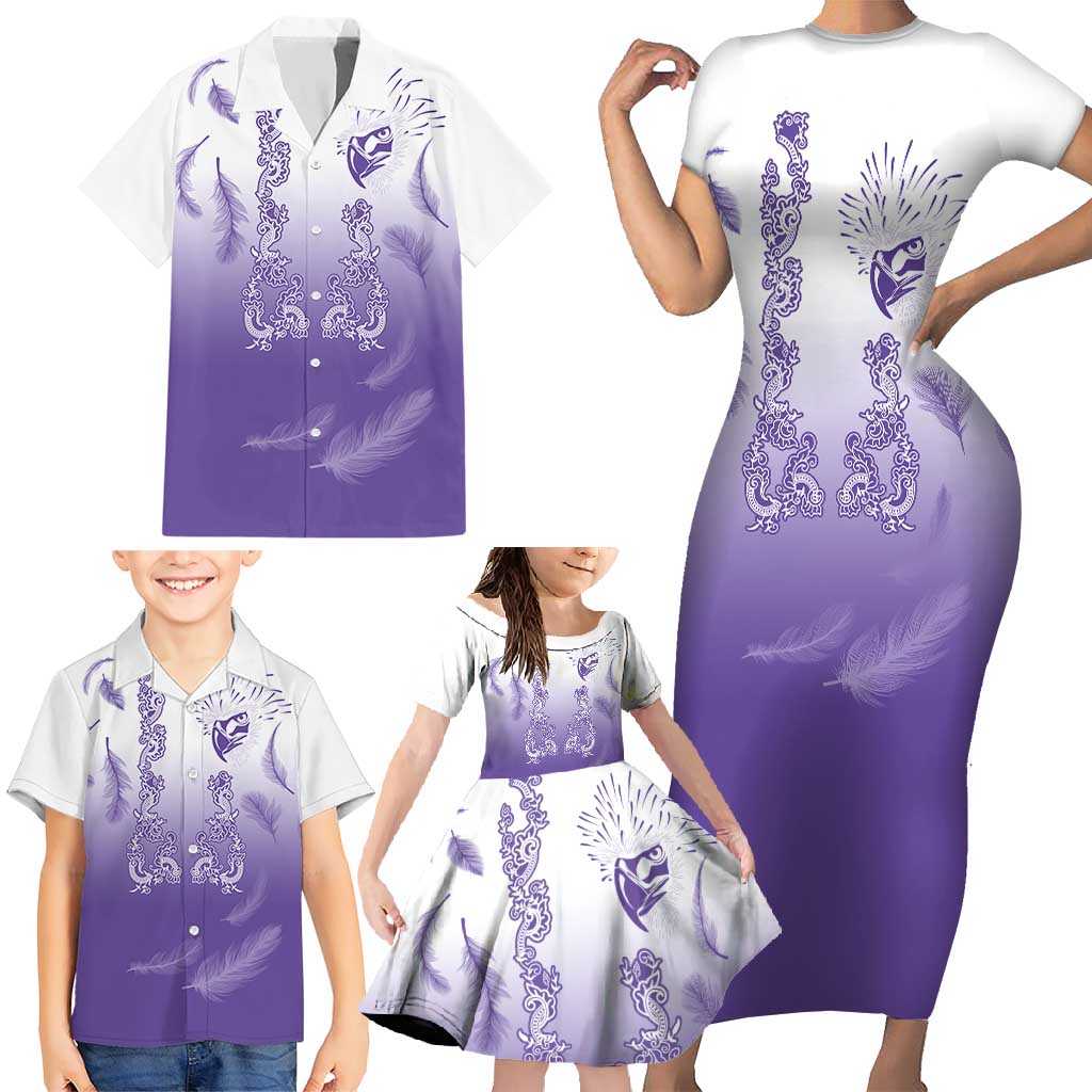 Philippines National Costume Style Family Matching Short Sleeve Bodycon Dress and Hawaiian Shirt Barong Tagalog and Eagle Feather Purple Color