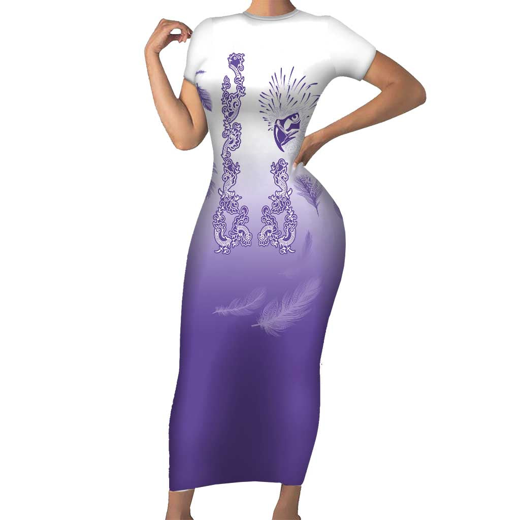Philippines National Costume Style Short Sleeve Bodycon Dress Barong Tagalog and Eagle Feather Purple Color