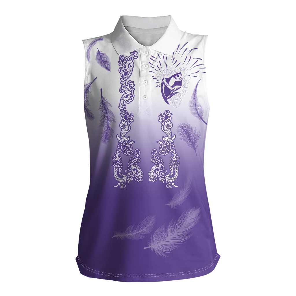 Philippines National Costume Style Women Sleeveless Polo Shirt Barong Tagalog and Eagle Feather Purple Color
