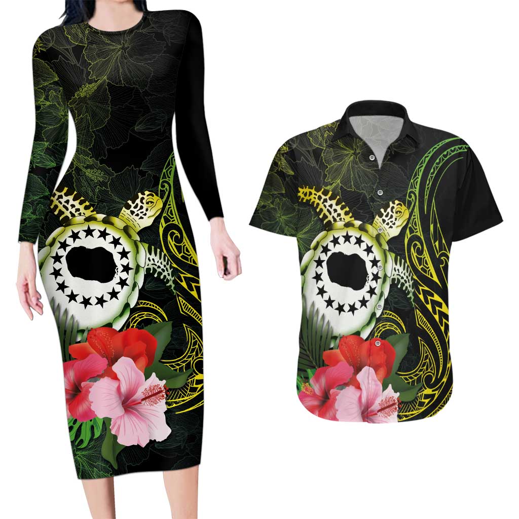 Kia Orana Cook Islands Couples Matching Long Sleeve Bodycon Dress and Hawaiian Shirt Turtle and Hibiscus Polynesian Pattern LT03 Yellow - Polynesian Pride