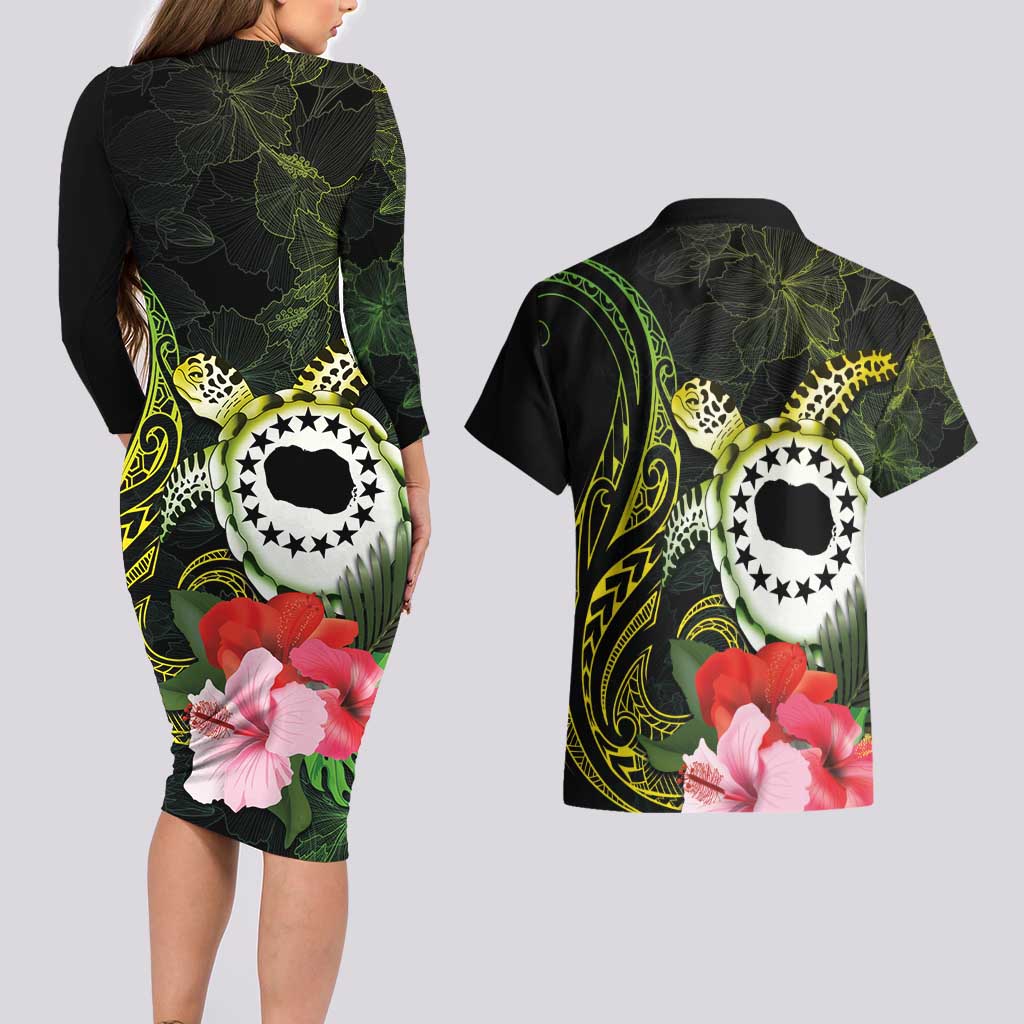 Kia Orana Cook Islands Couples Matching Long Sleeve Bodycon Dress and Hawaiian Shirt Turtle and Hibiscus Polynesian Pattern LT03 - Polynesian Pride