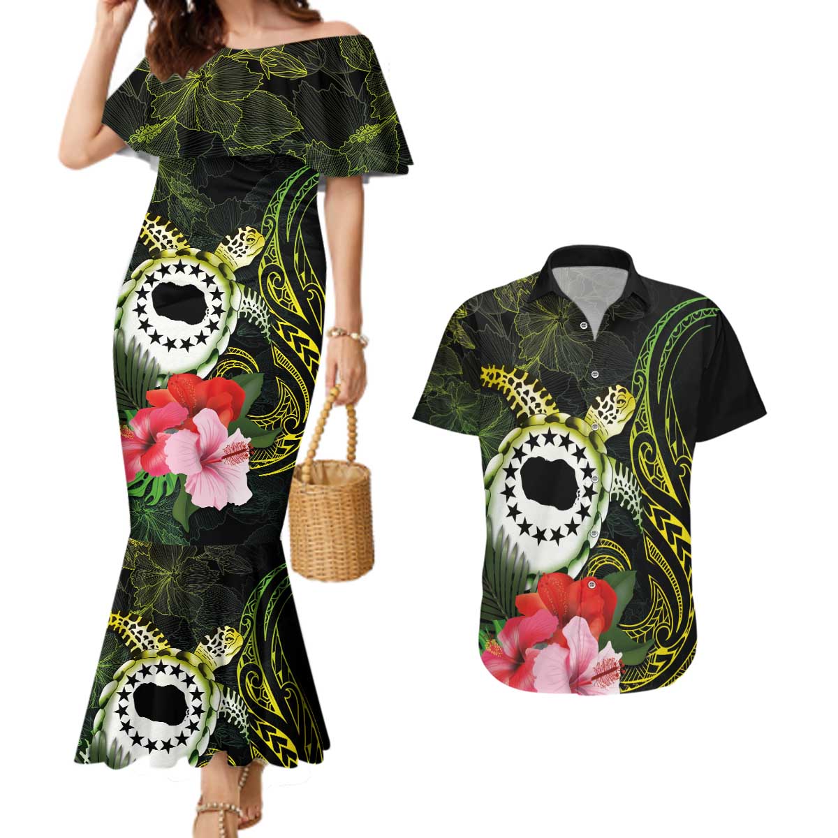 Kia Orana Cook Islands Couples Matching Mermaid Dress and Hawaiian Shirt Turtle and Hibiscus Polynesian Pattern LT03 Yellow - Polynesian Pride