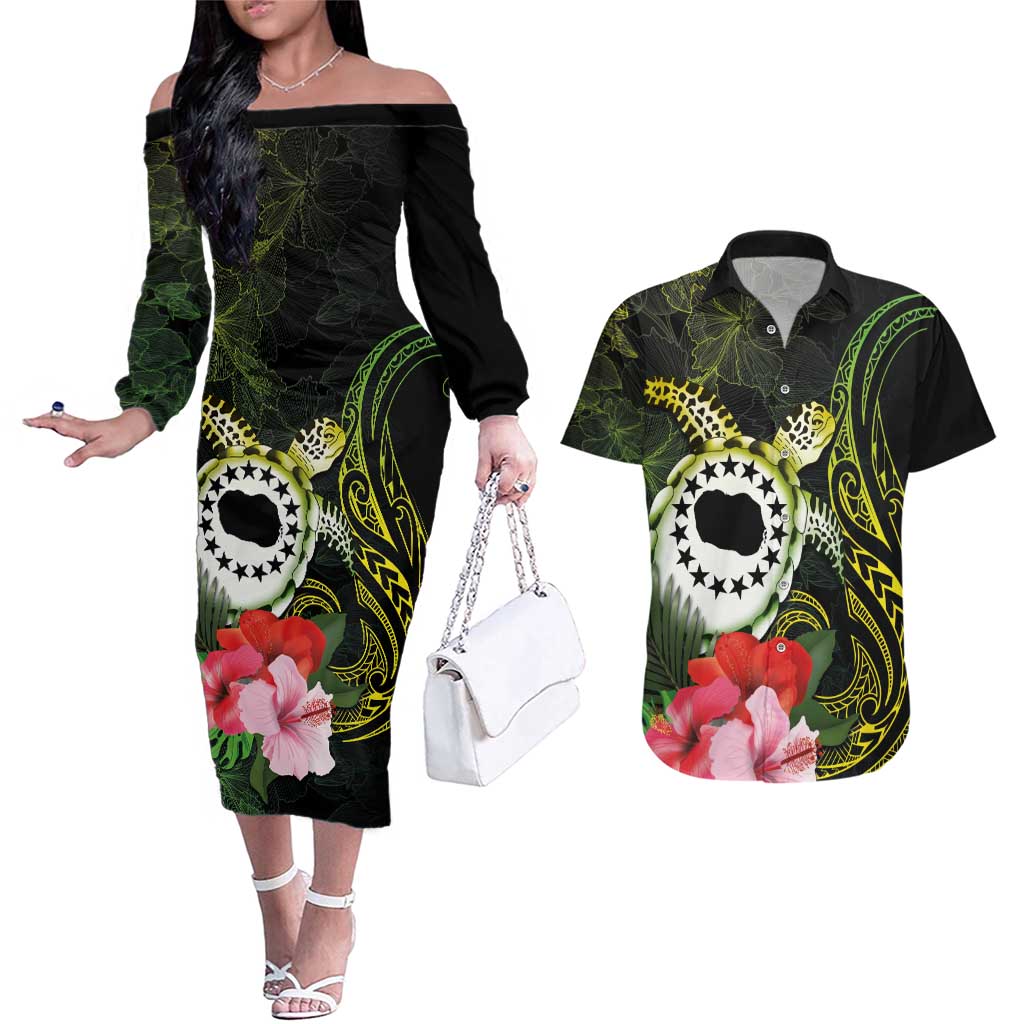 Kia Orana Cook Islands Couples Matching Off The Shoulder Long Sleeve Dress and Hawaiian Shirt Turtle and Hibiscus Polynesian Pattern LT03 Yellow - Polynesian Pride