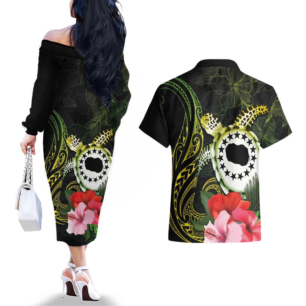 Kia Orana Cook Islands Couples Matching Off The Shoulder Long Sleeve Dress and Hawaiian Shirt Turtle and Hibiscus Polynesian Pattern LT03 - Polynesian Pride