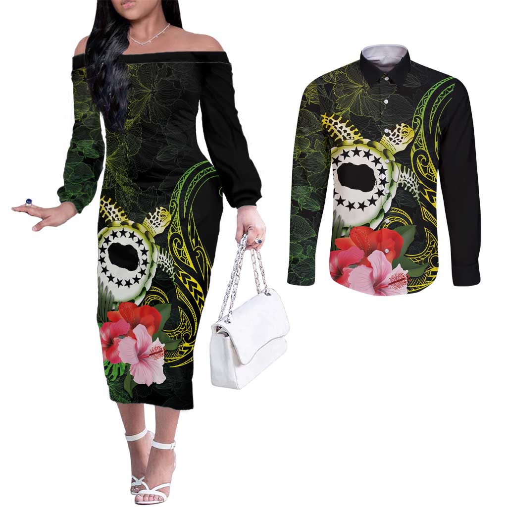 Kia Orana Cook Islands Couples Matching Off The Shoulder Long Sleeve Dress and Long Sleeve Button Shirt Turtle and Hibiscus Polynesian Pattern LT03 Yellow - Polynesian Pride