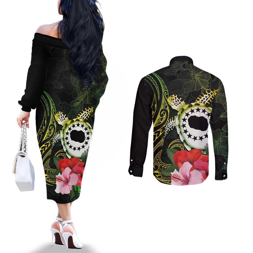 Kia Orana Cook Islands Couples Matching Off The Shoulder Long Sleeve Dress and Long Sleeve Button Shirt Turtle and Hibiscus Polynesian Pattern LT03 - Polynesian Pride