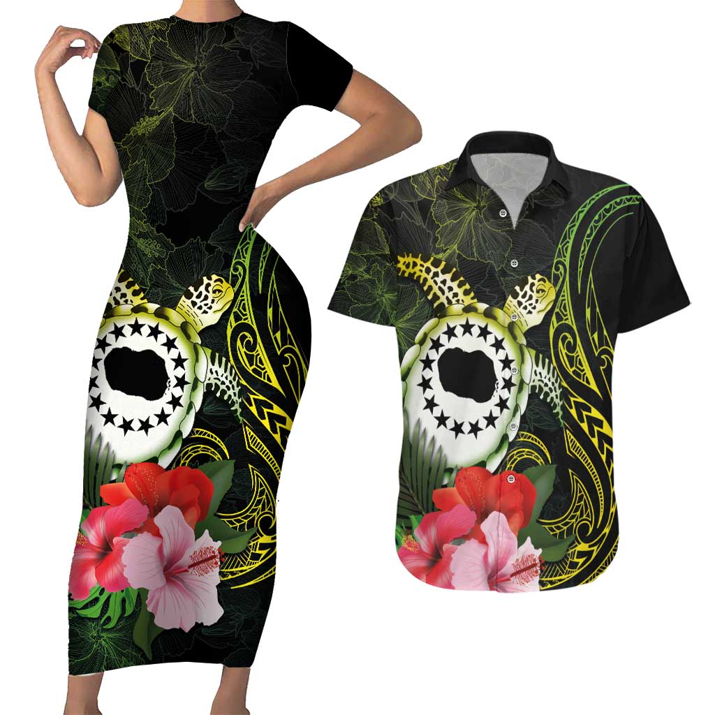 Kia Orana Cook Islands Couples Matching Short Sleeve Bodycon Dress and Hawaiian Shirt Turtle and Hibiscus Polynesian Pattern LT03 Yellow - Polynesian Pride