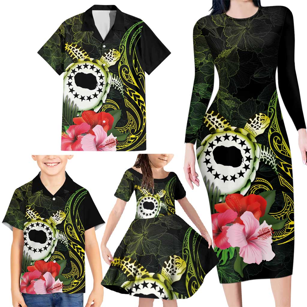 Kia Orana Cook Islands Family Matching Long Sleeve Bodycon Dress and Hawaiian Shirt Turtle and Hibiscus Polynesian Pattern LT03 - Polynesian Pride